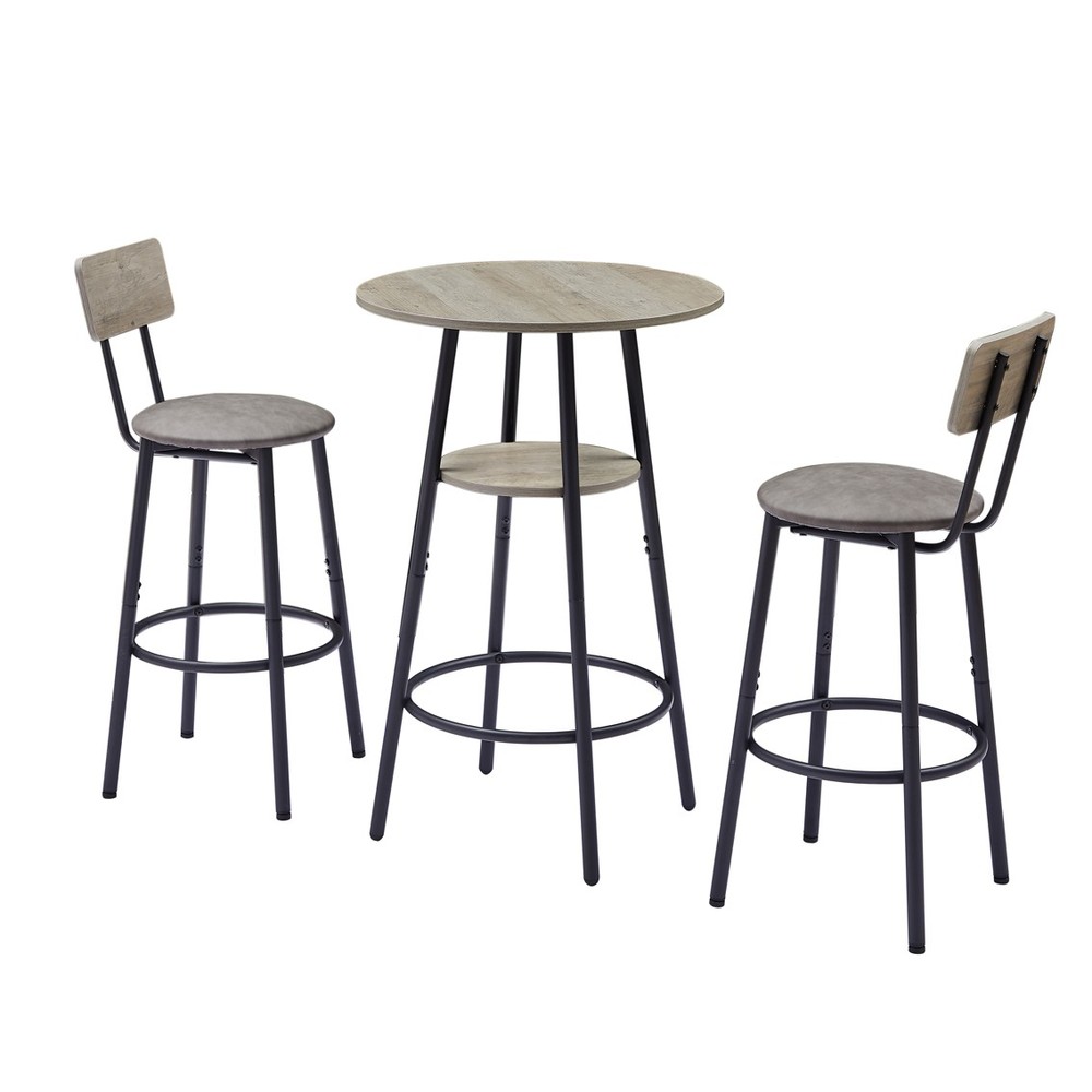 Round 3PCS Bar Stool Set with Shelf Upholstered Stool with Backrest Grey
