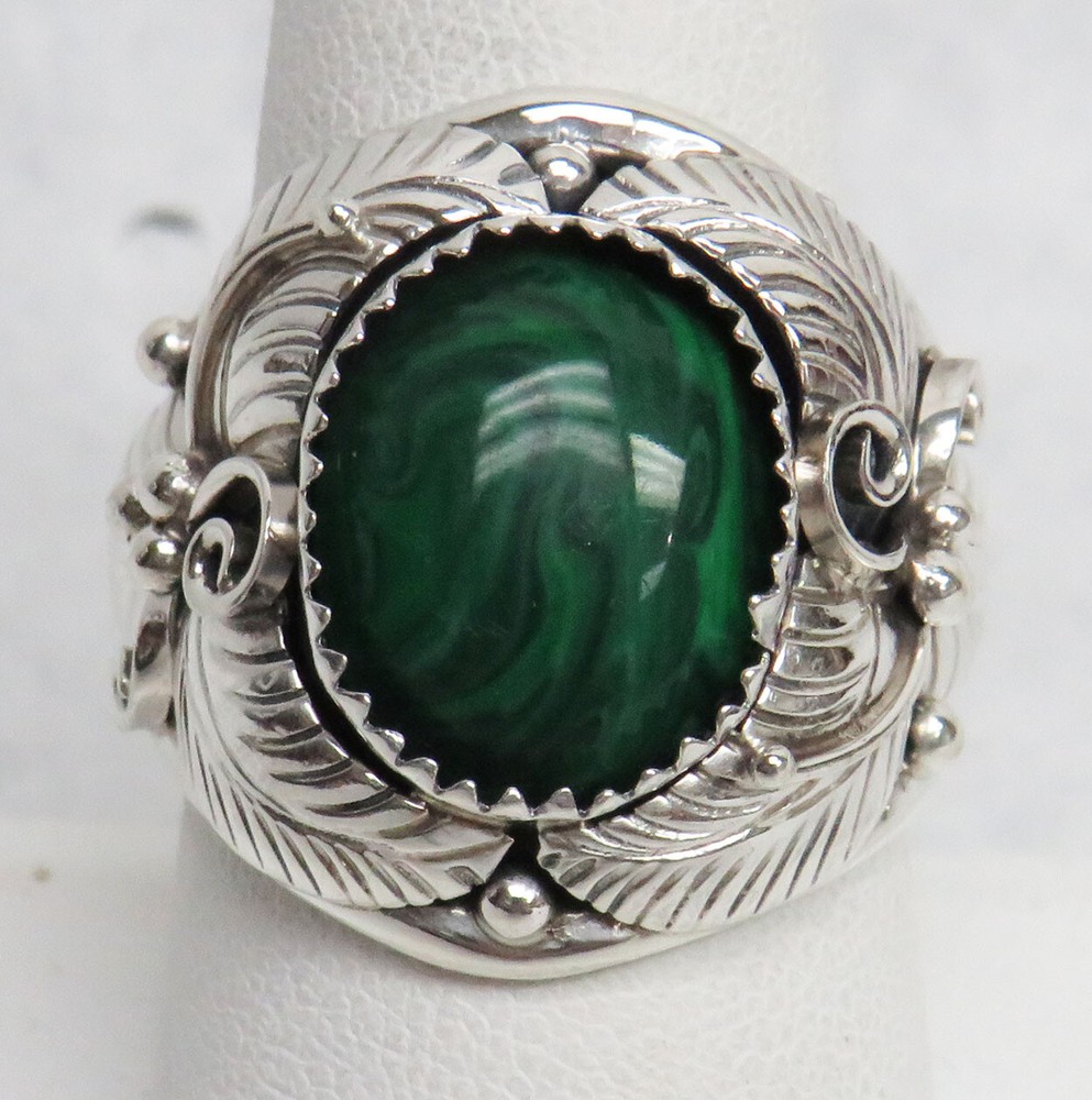 SOUTHWESTERN STERLING SILVER & MALACHITE RING "SIGNED CC" SIZE 9 1/2