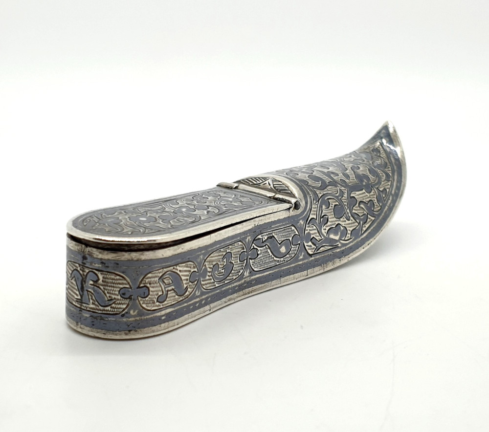 Antique Russian Silver & Niello Shoe Vesta Case