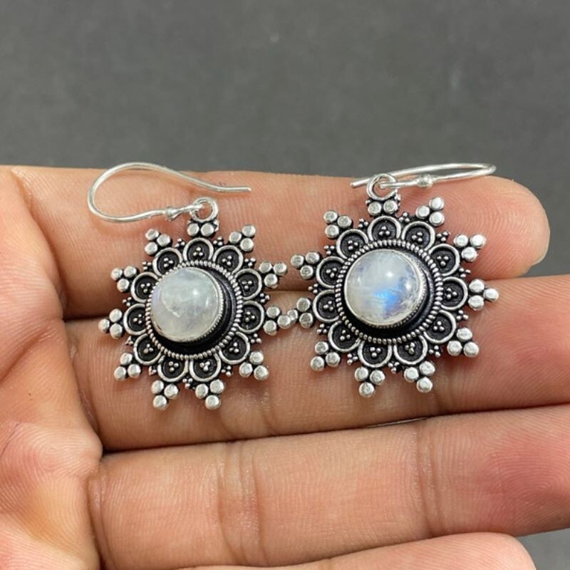 925-Sterling Silver Handmade Unique Women Silver-Solid Earring Moonstone Gift