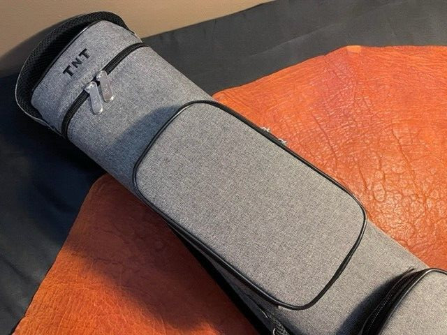 TNT 3x5 Grey Nylon Pool Cue Case. Blue interior. Back Pack Straps.