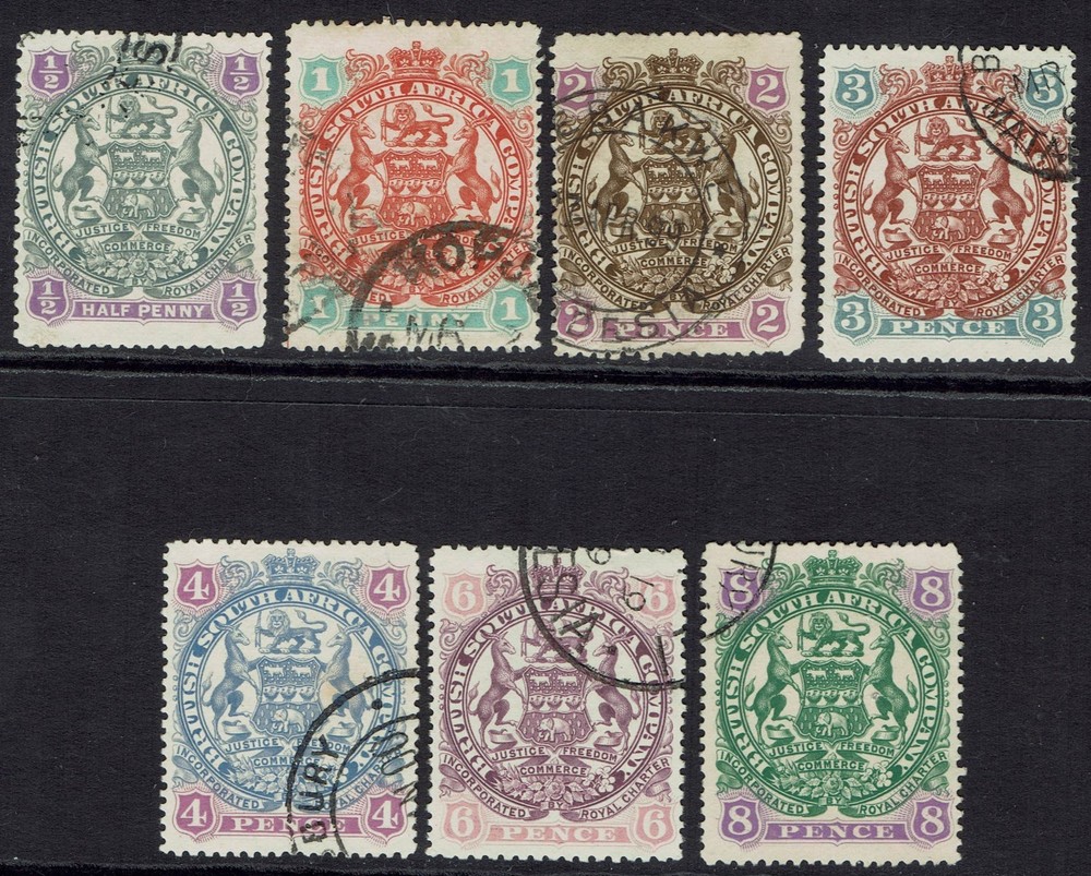 RHODESIA 1897 LARGE ARMS ½D - 8D CURLED SCROLLS USED