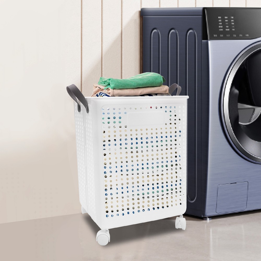 Folding Laundry Basket Hamper Movable Bathroom Dirty Clothes Hamper w/ 4 Wheels