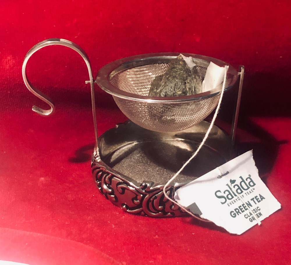 TEA BALL ACORN SHAPE AND TEA STRAINER SILVER PLATE
