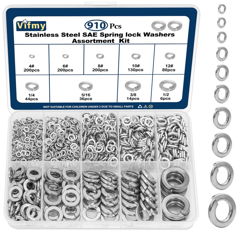 Vifmy SAE Spring Lock Washers Assortment Kit(910 Pack), SAE, Silver