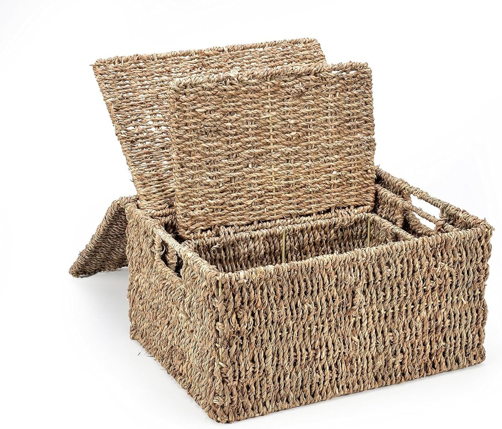Stylish Storage Solution: Set of 3 Rectangular Seagrass Baskets with Lids