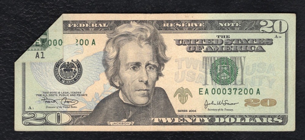 2004 $20 FRN FEDERAL RESERVE NOTE “PRINTED FOLDOVER & OBSTRUCTION ERROR”