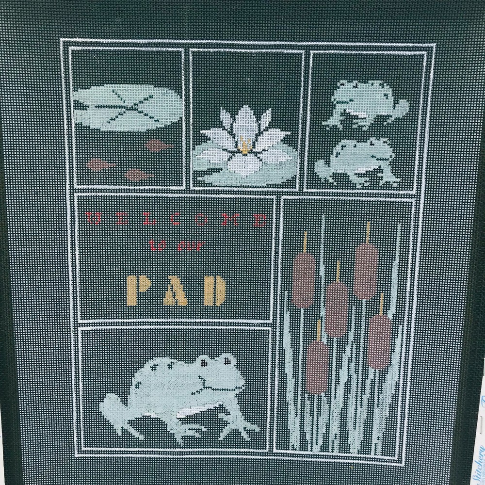 Hand Painted Needlepoint Pattern Welcome To Our Pad Signed Kathy Schenkel