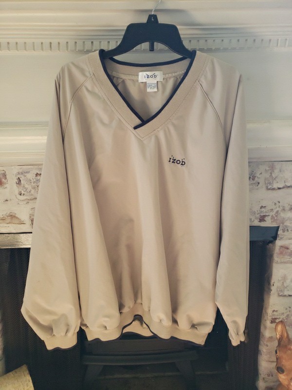Izod Golf V Neck Windbreaker Pullover Top, Khaki/navy, Size Large