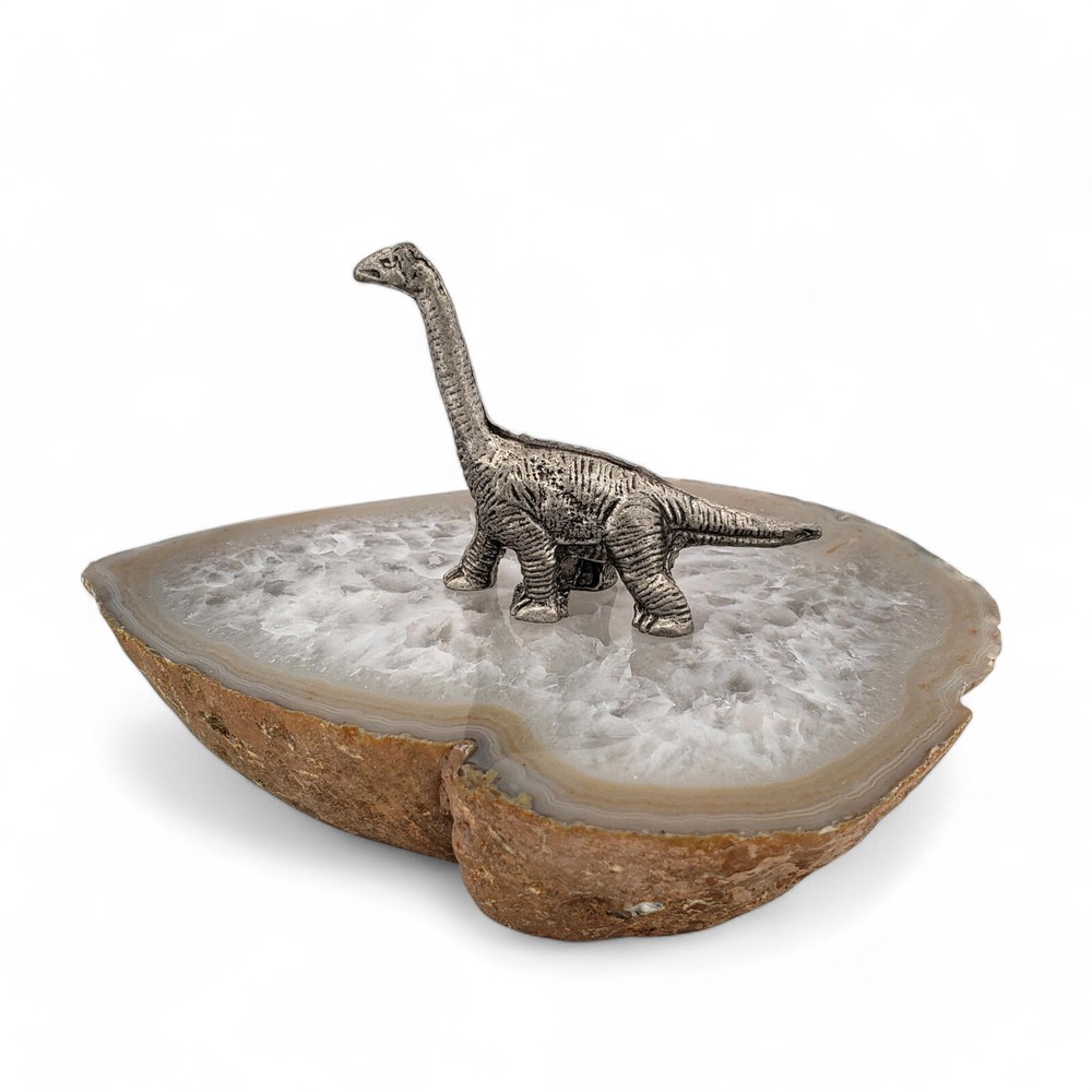 Prehistoric Brachiosaurus Pewter Figurine on Natural Agate Display