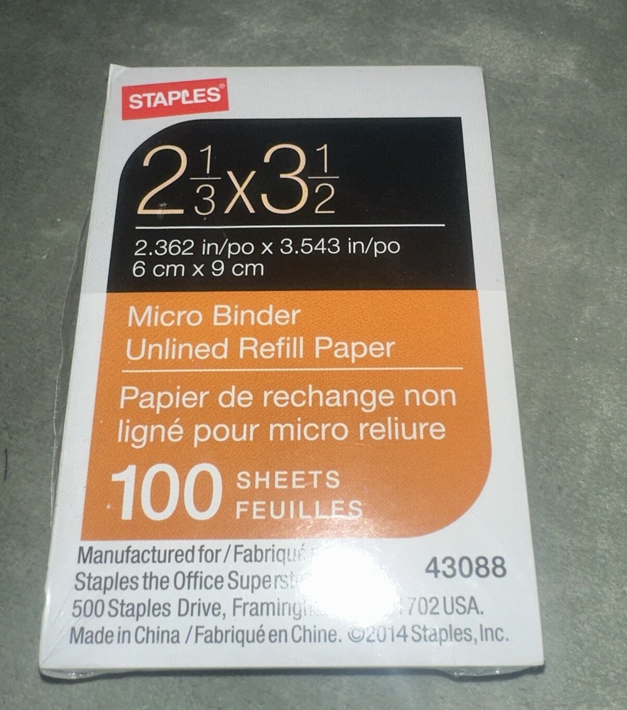 Staples Micro Binder Refill Pages, Unruled 100 Sheets Total, New In Packaging.