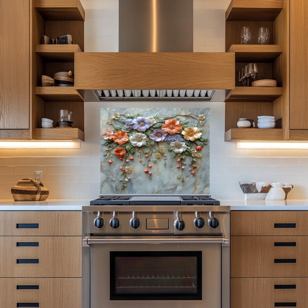 Floral Wall Print Backsplash, Tempered Glass Kitchen Backsplash