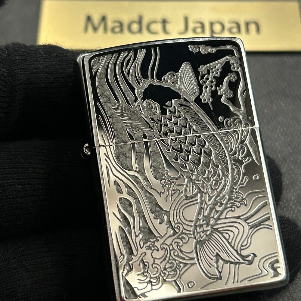 Zippo Climb Carp Japanese Pattern Black Silver 2 Sides Etching Lighter Japan
