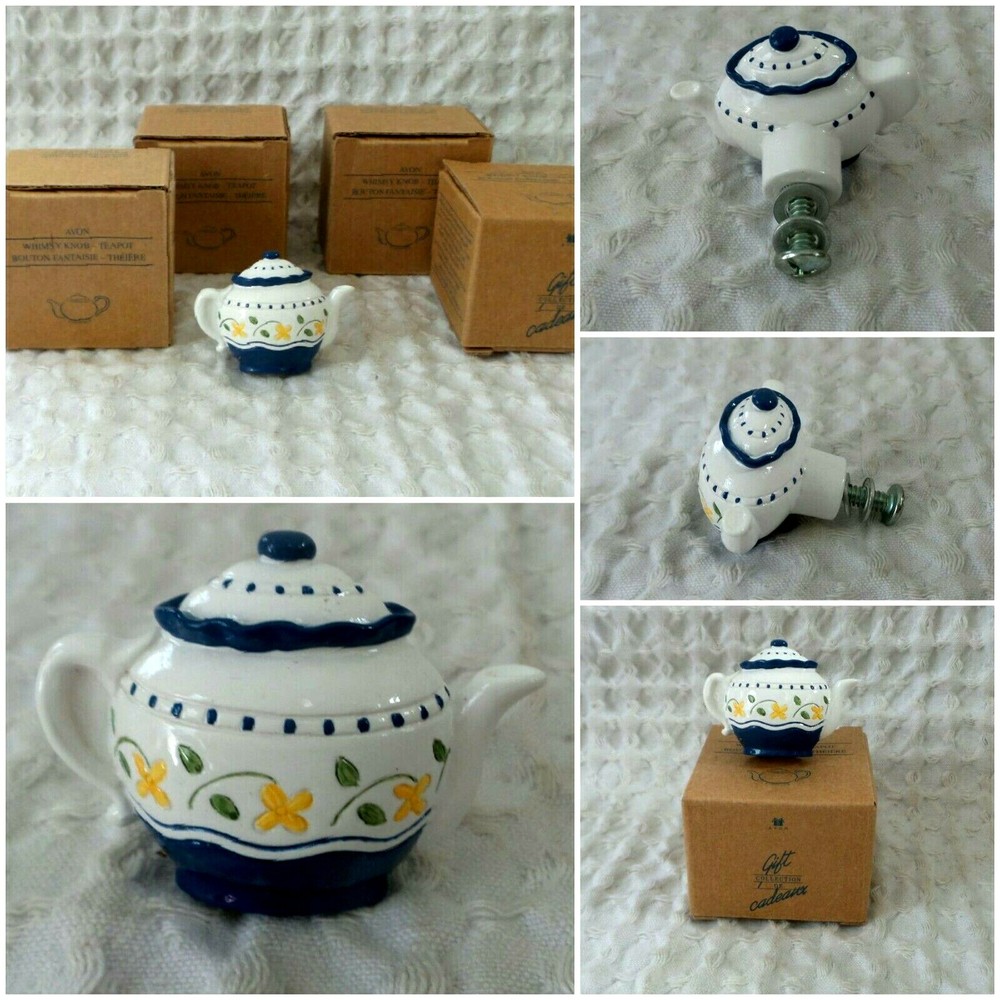 4 Avon Gift Collection TEAPOT KETTLE Drawer Pull Knob Painted Whimsy White Blue