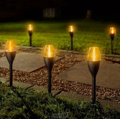 6 Pack Solar Powered Flickering Glow Flame Cup Pathway Patio Light Walkway Deck