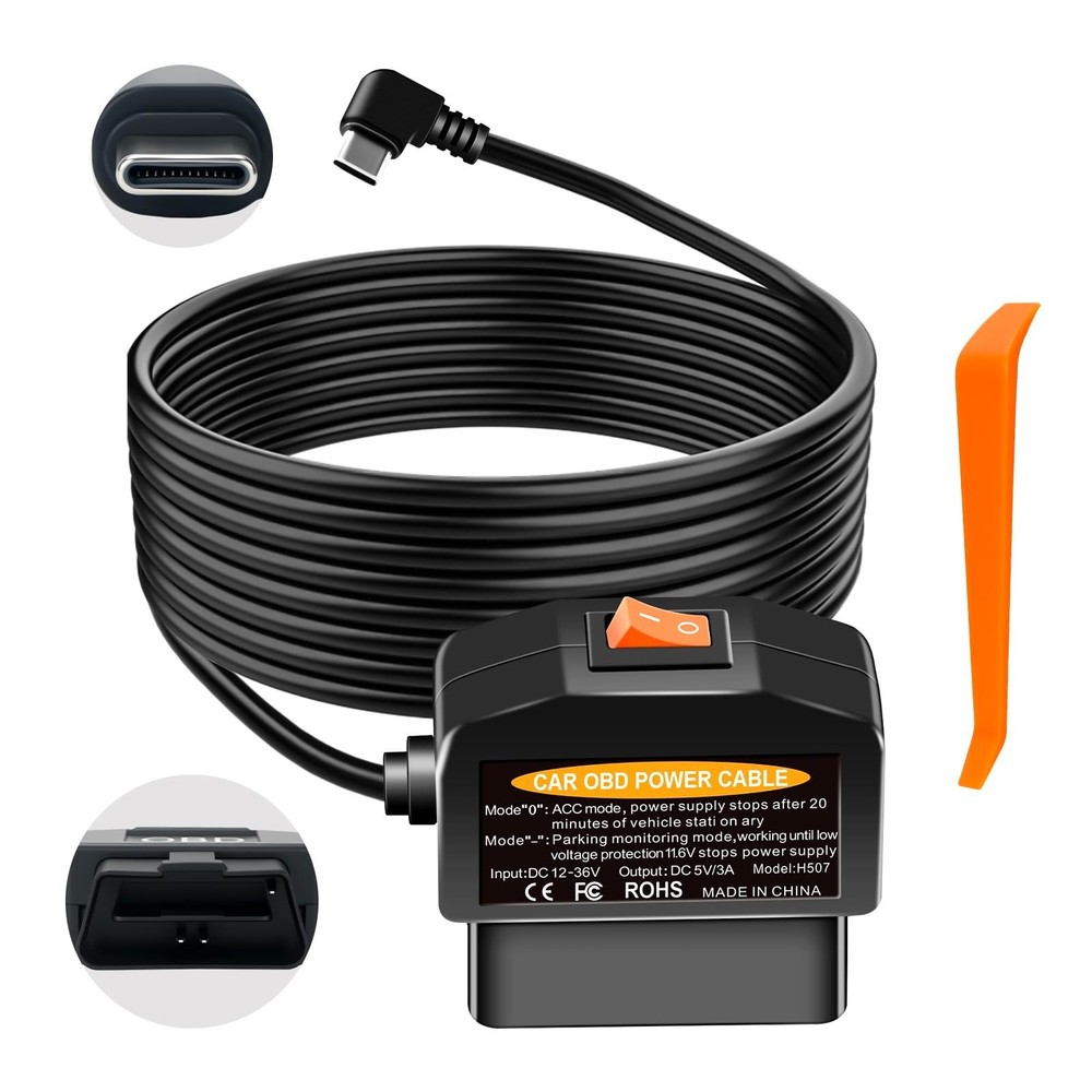 OBD2 Dash Cam Power Cable USB-C Hardwire Kit, 24/7 Parking Mode, Low Voltage Pro