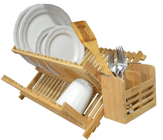 Bamboo Scissor Style Folding Dish Rack W/Flatware Holder Set.