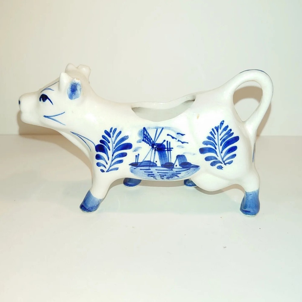 Ceramic Delft Cow Creamer with Dutch Windmill & Floral Design EUC