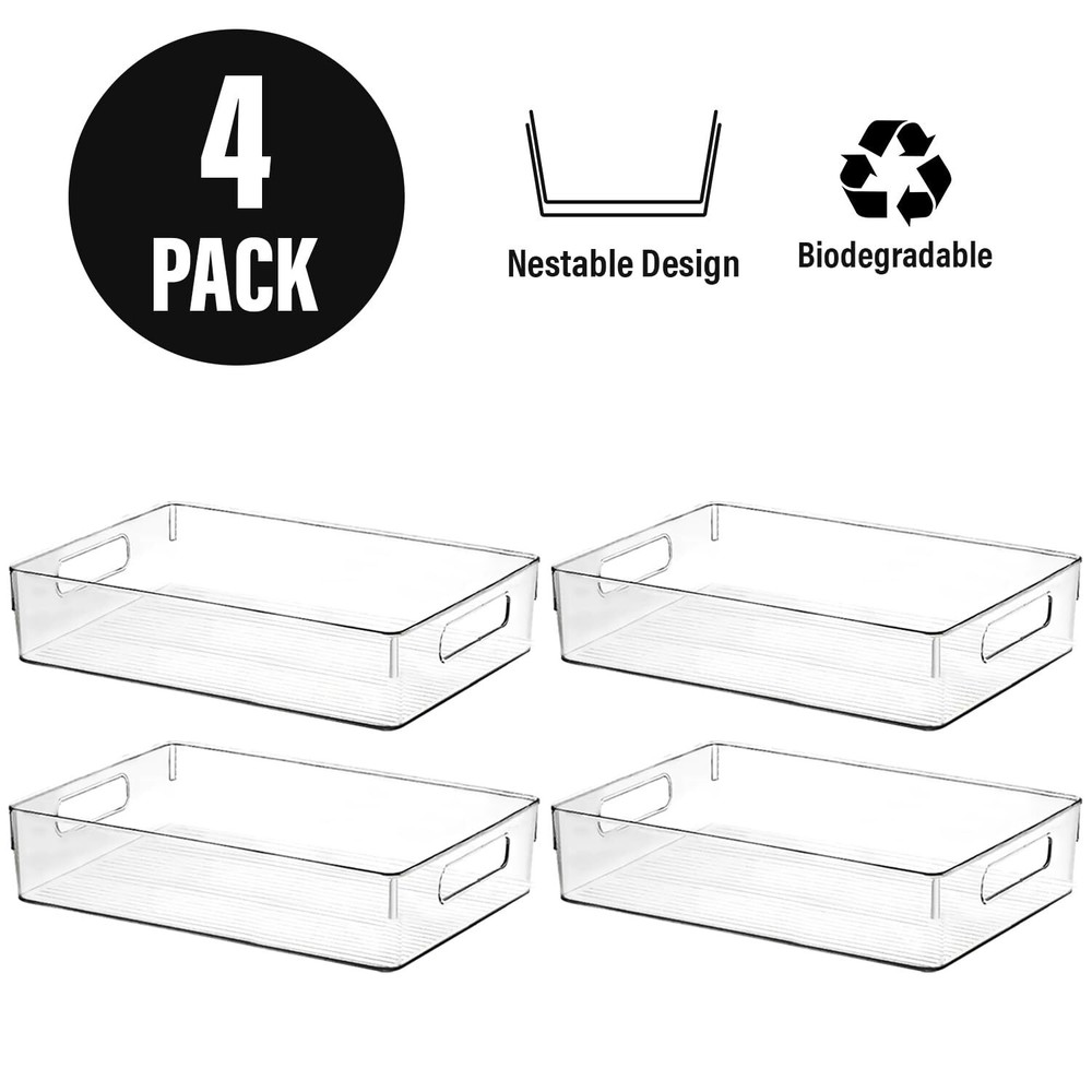 4 Pack Clear Plastic Storage Bins,Heavy Duty BPA-Free Pantry & Kitchen Organizer