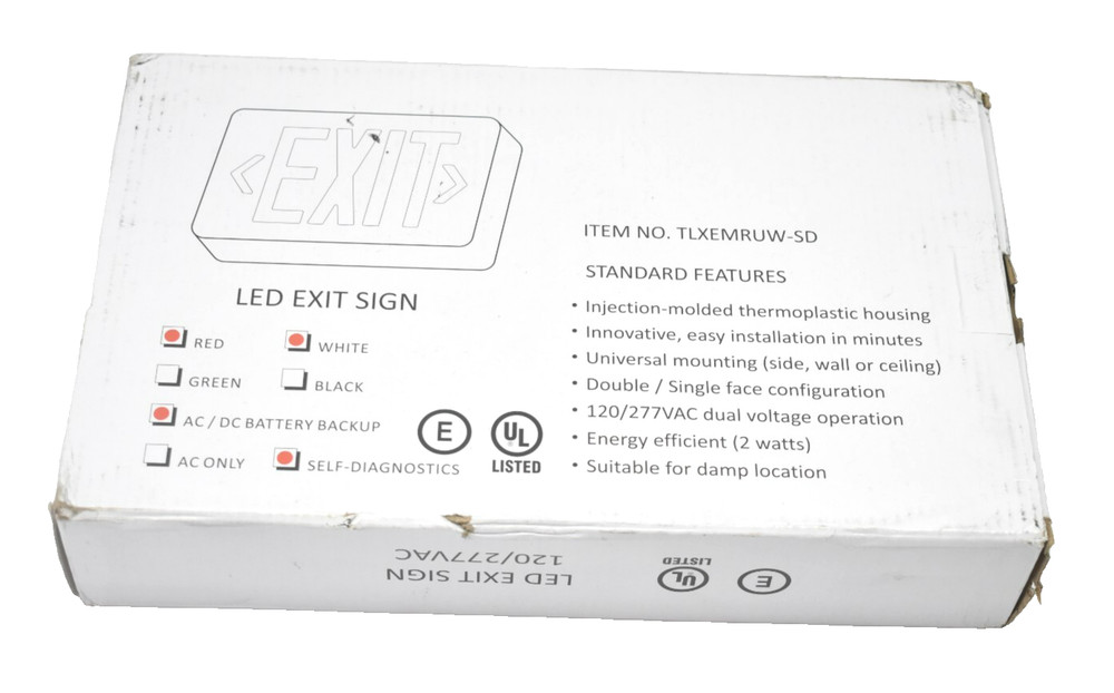 LED Exit Sign Red/White AC/DC Battery Backup Self Diagnostics TLXEMRUS-SD