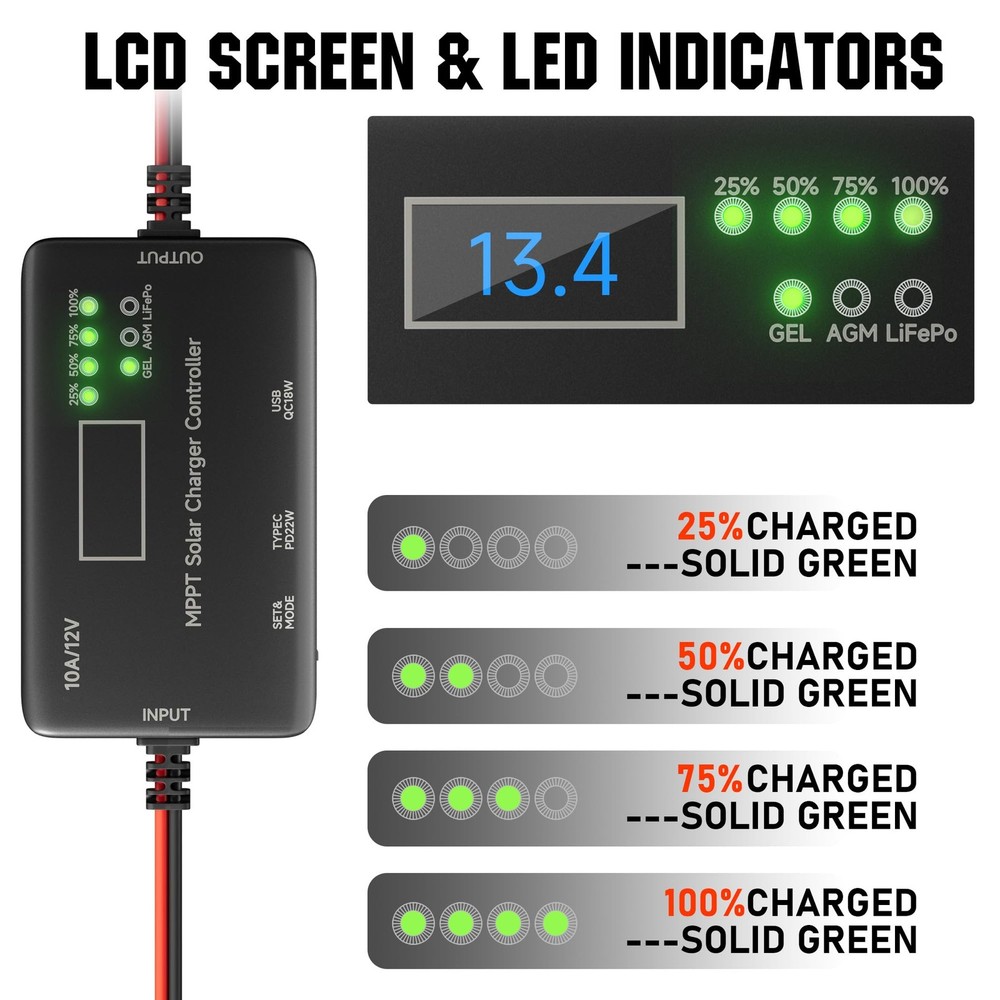 MPPT Solar Charge Controller 12V 10A, Solar Panel Charge Controller with Type...