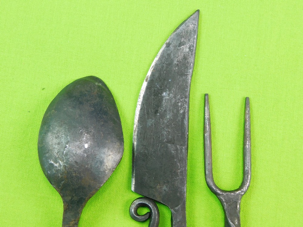 Vintage US Blacksmith Knife Spoon Fork Camp Set w/ Sheath