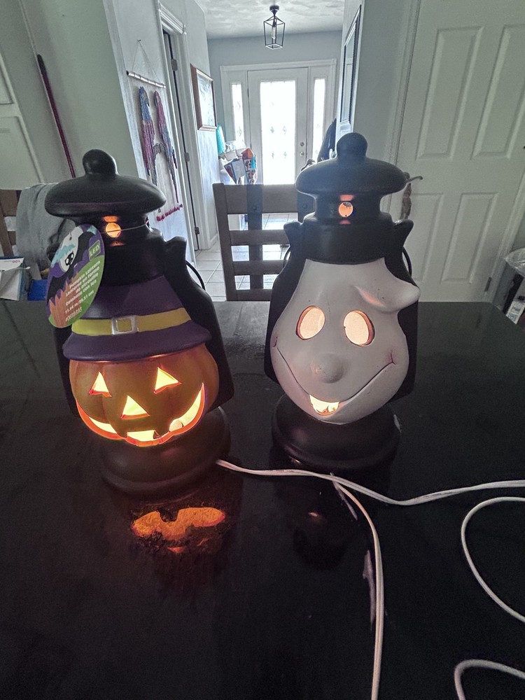 Halloween Pumpkin & Ghost Lantern Lights Pair Indoor Décor Modified Bulb 2016