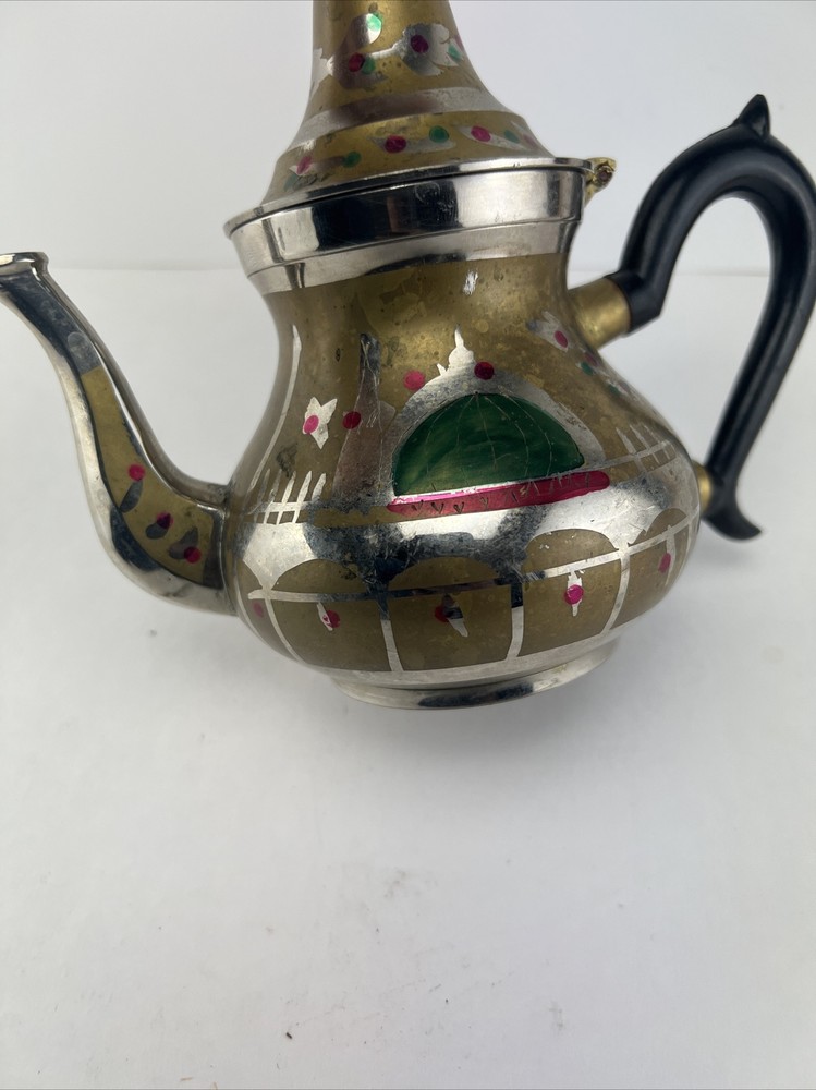 Vintage Ornate Small Middle Eastern Brass & Silver Tea Pot