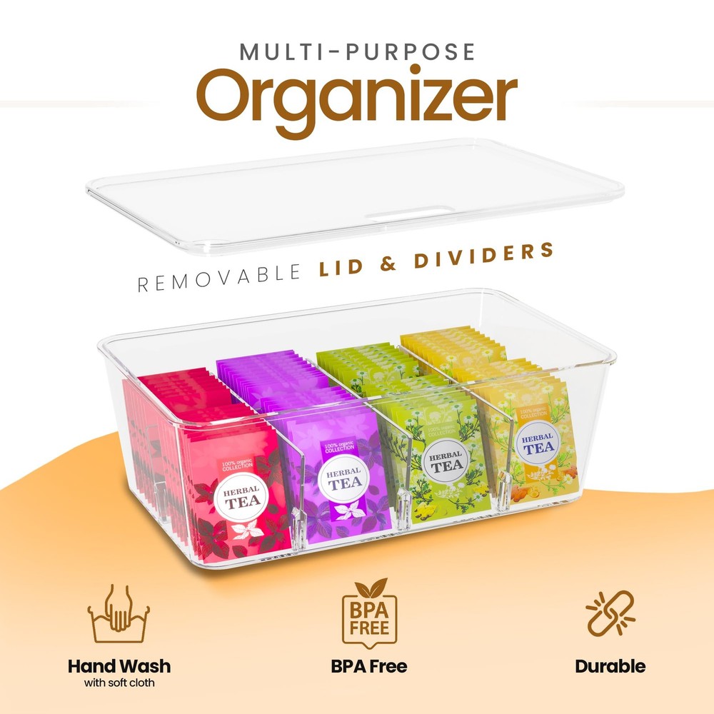 Tea Bag Organizer Set with Lids – 3 Pack Stackable Clear Plastic Storage Bins...