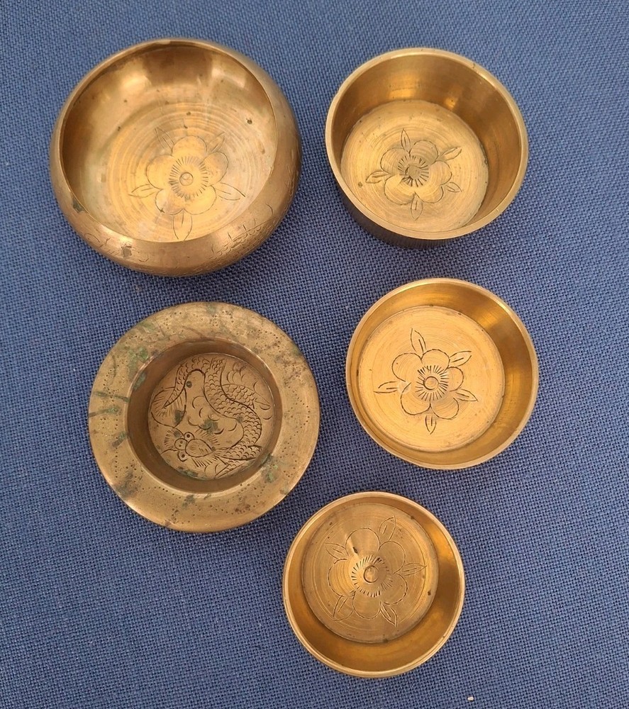 5 Pc Brass Nesting Ashtray Set❤ Chinese ❤ Dragon/Flower