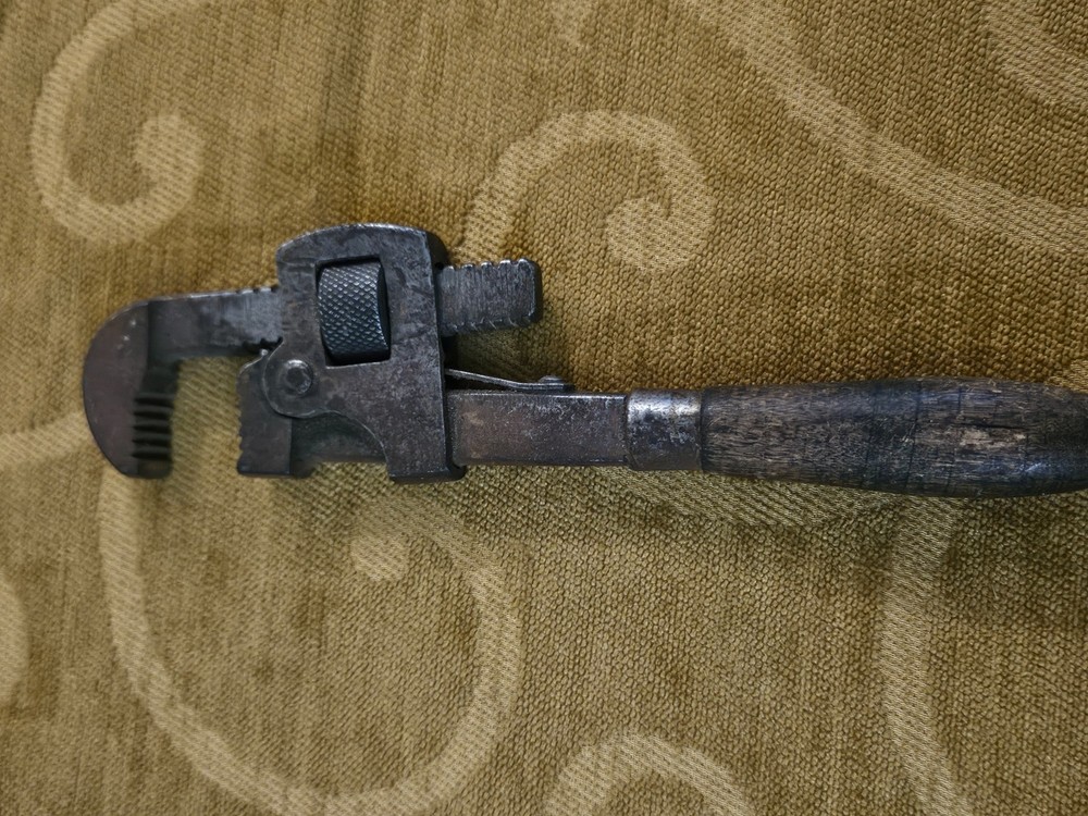 Vintage Stillson Pattern Adjustable Pipe Monkey Wrench USA Wood Handle