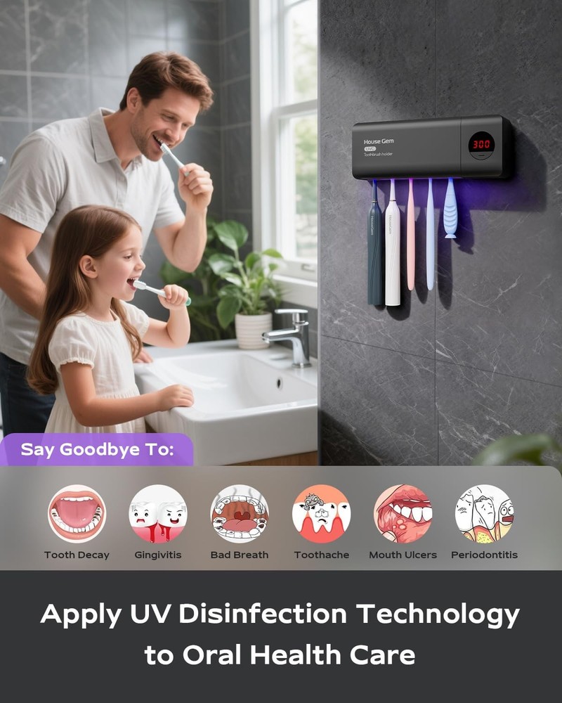 HouseGem Toothbrush Holder, Timer Function, 2000mAh Rechargeable Cordless Wal...
