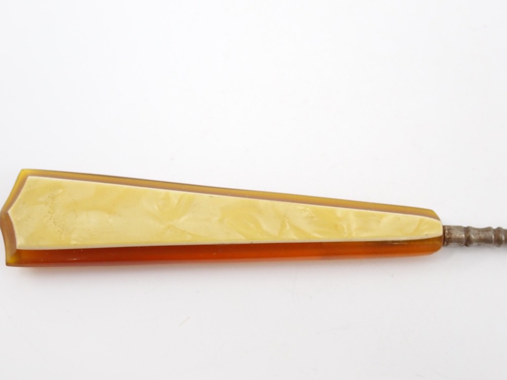 Vintage 1920s Celluloid Handle Buttonhook Amber & Cream Marbled Vanity Tool