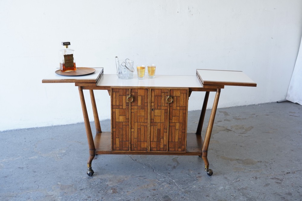 Bert England Brutalist Forward Trend Drop-Leaf Bar Cart / Serving Cabinet