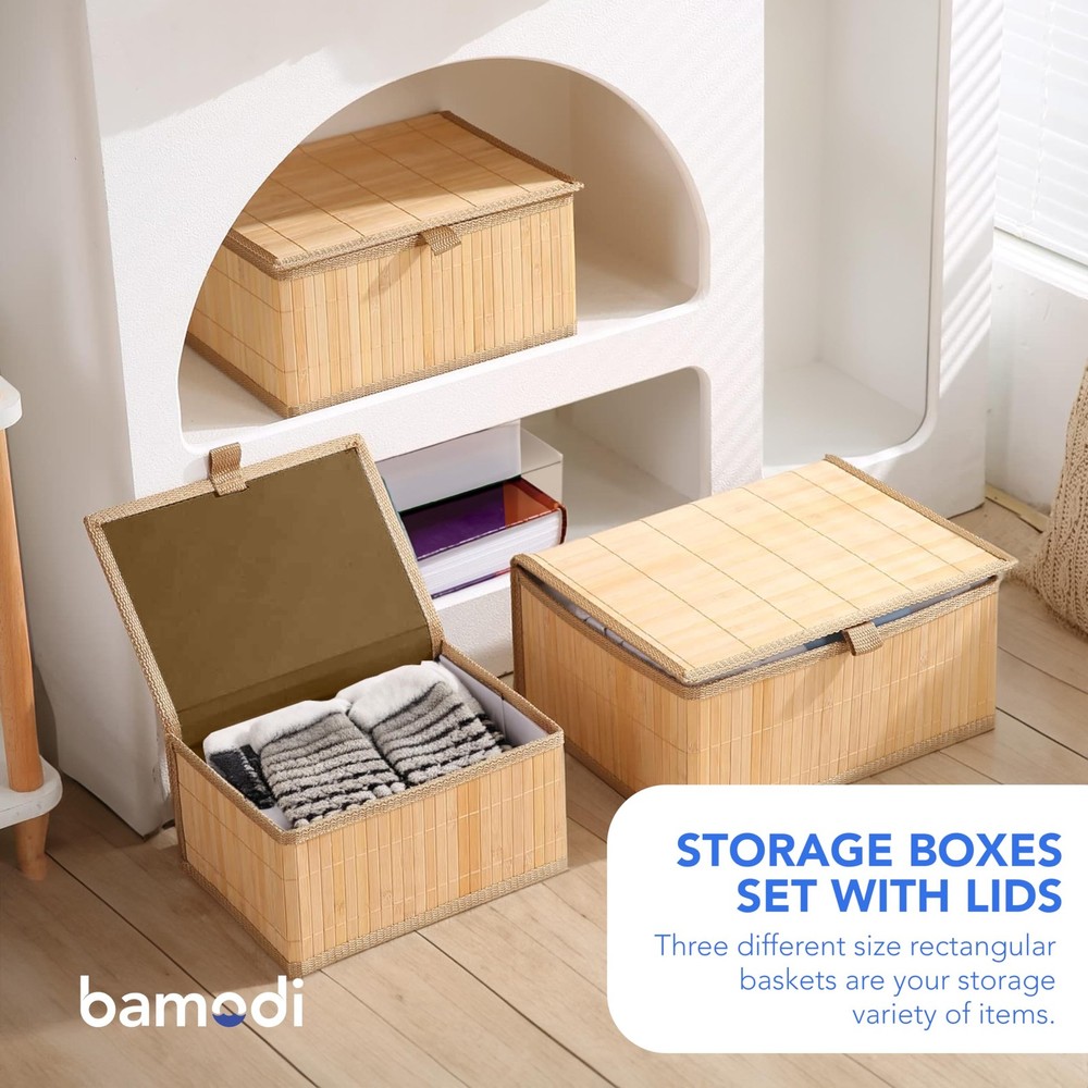 Bamboo Decorative Storage Boxes With Lids - Nesting Rectangular Lidded Box fo...