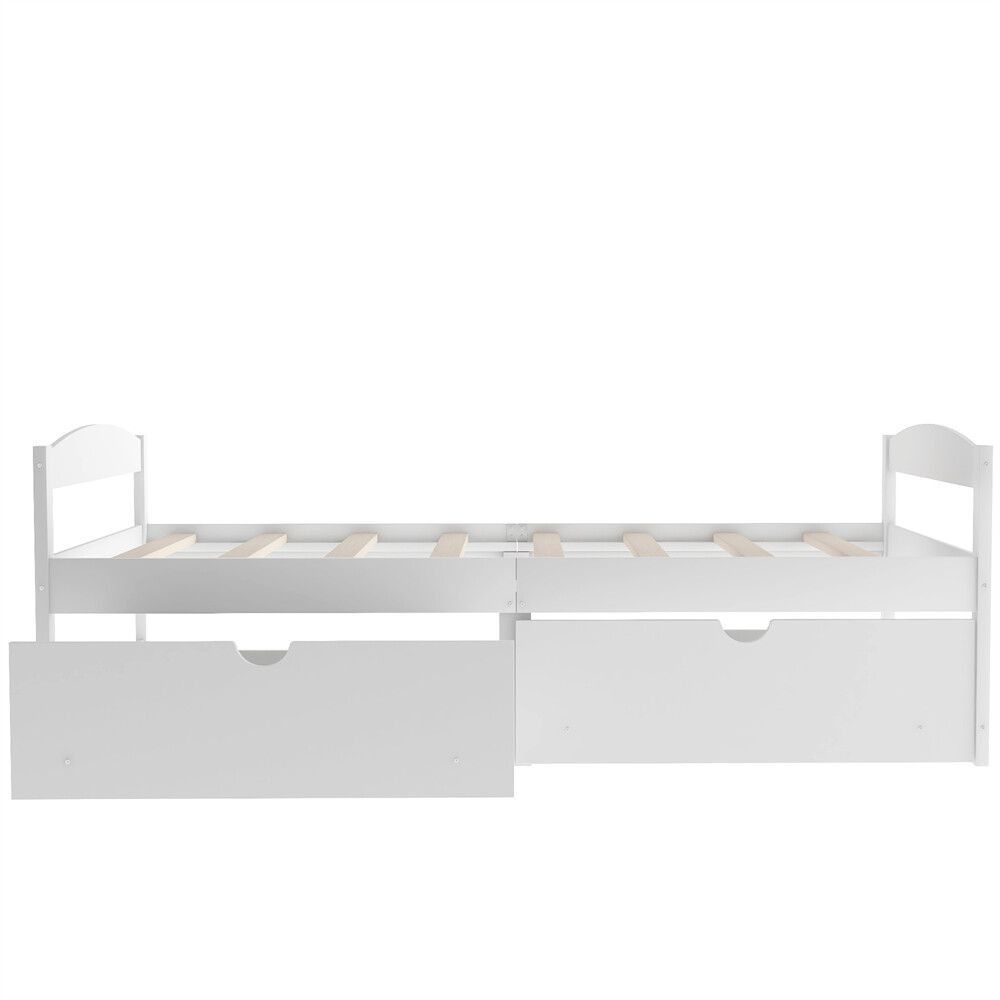 Twin Size Platform Bed Two Drawers White Solid Wood Frame Simple Single-layer