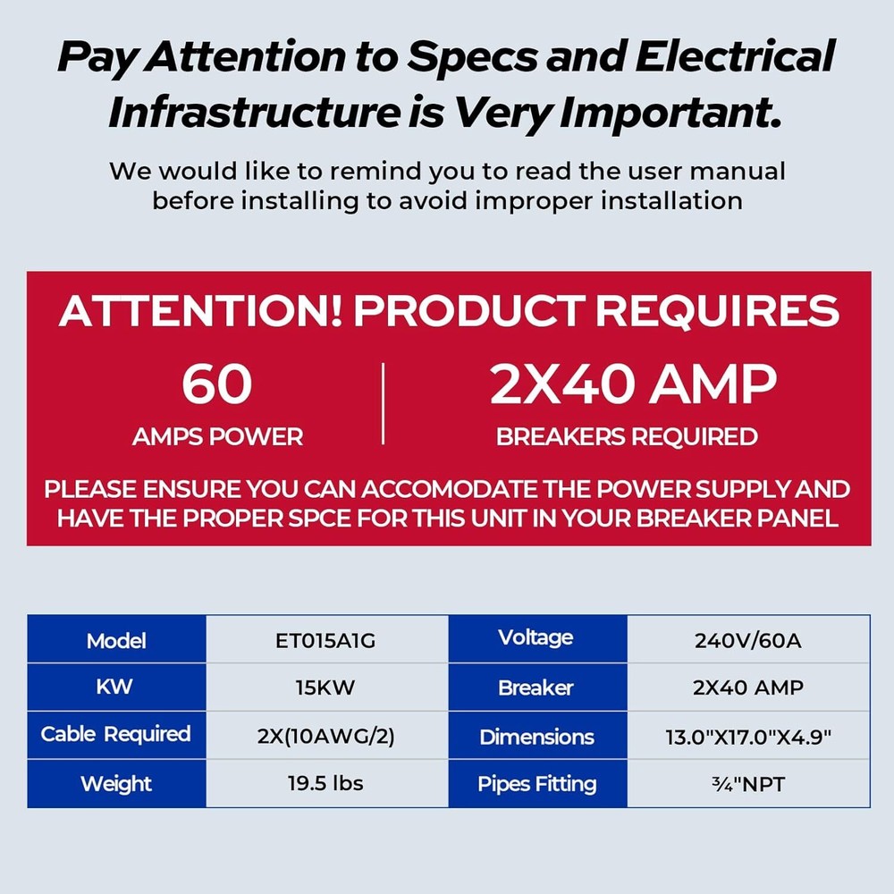 FOGATTI 15kW Tankless Water Heater Electric 240V for the Whole House Shower