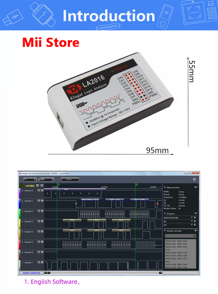 New LA2016 USB Logic Analyzer 200M MAX Sample Rate 16Channels 2M PWM