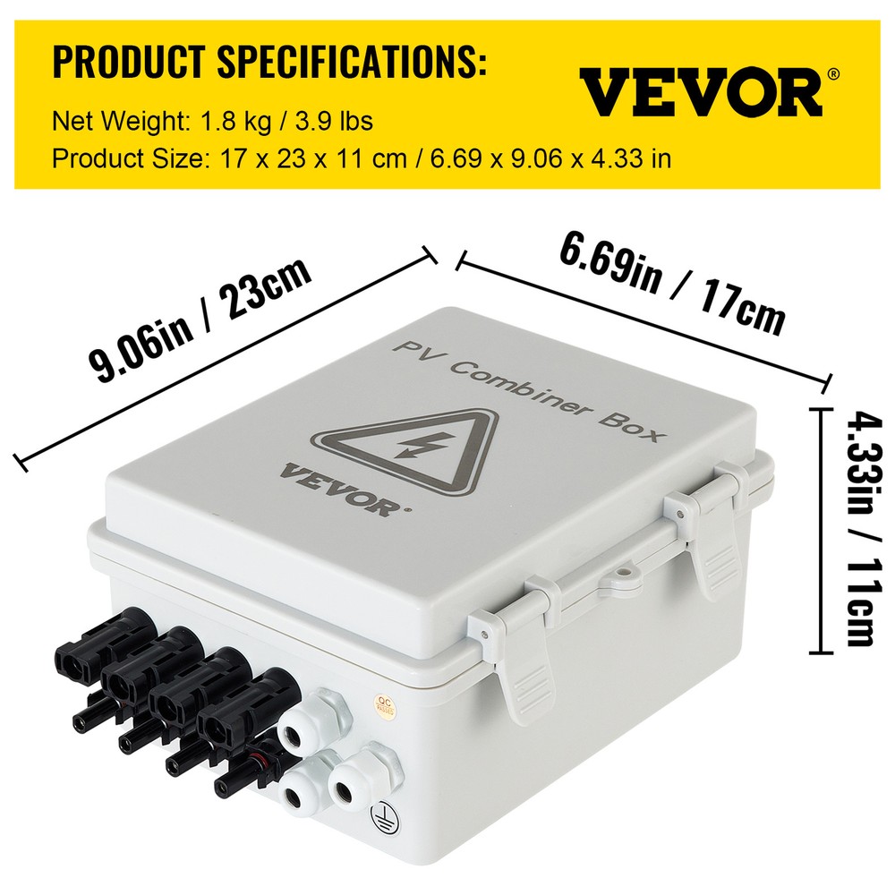 VEVOR Solar PV Combiner Box 4 String 15A for Solar Panel System ABS Case IP65