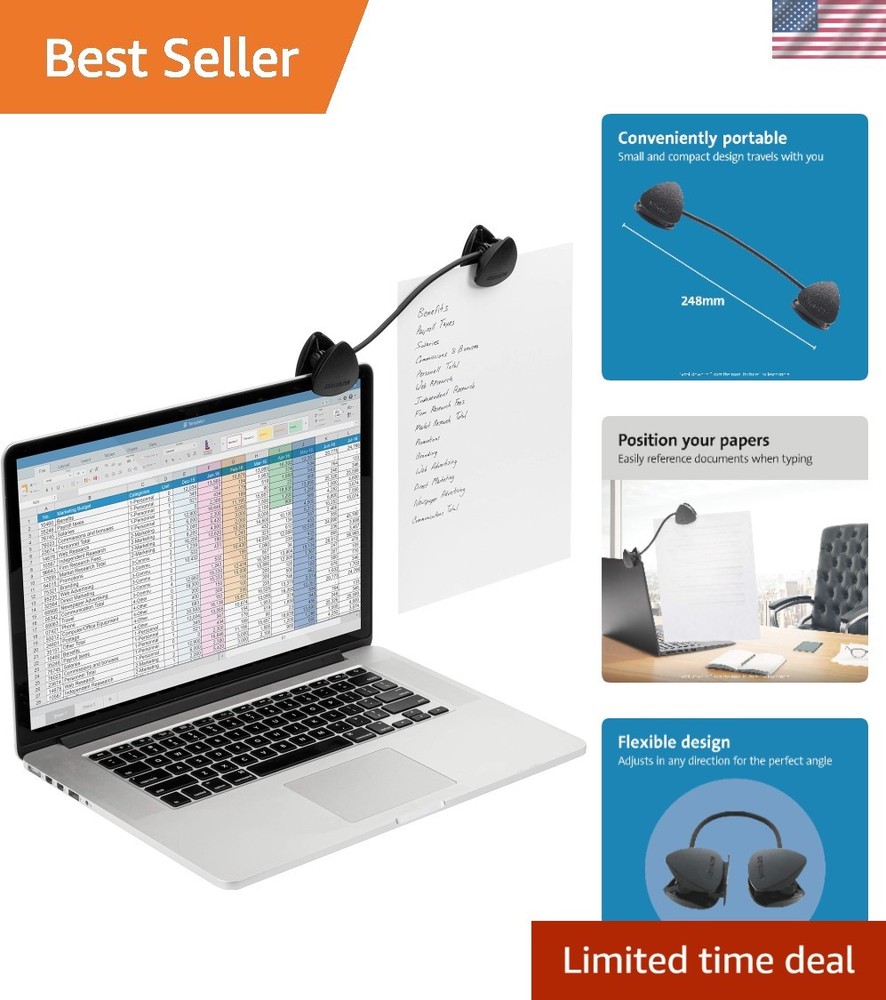 Document Holder with Flexible Clip for Laptops & Monitors - Black 9.75"