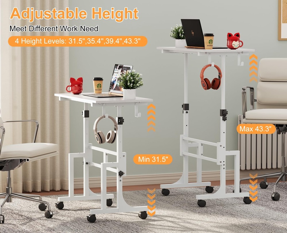 Small Adjustable Height Standing Desk With 2 Hooks, Rolling Sit Stand Up Desk Wi