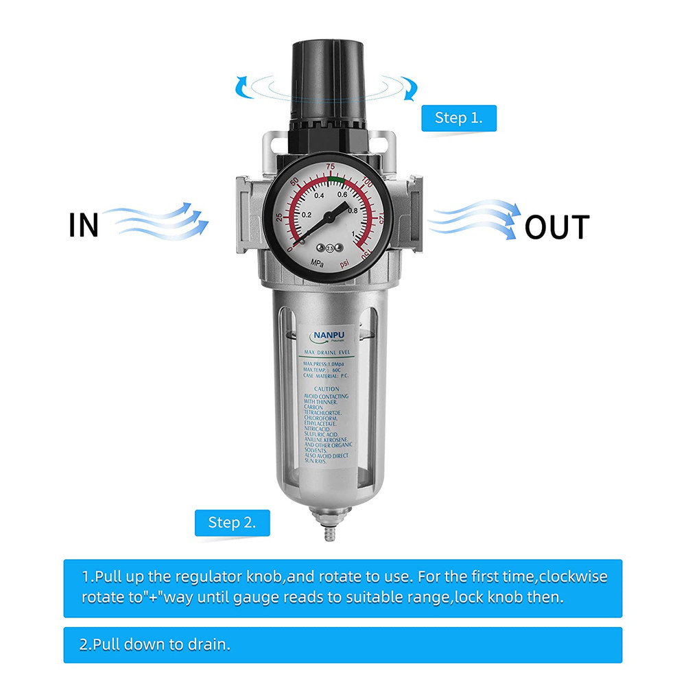 1/2" NPT Compressed Air Filter Regulator Combo, Air Filter Pressure Regulator Ga