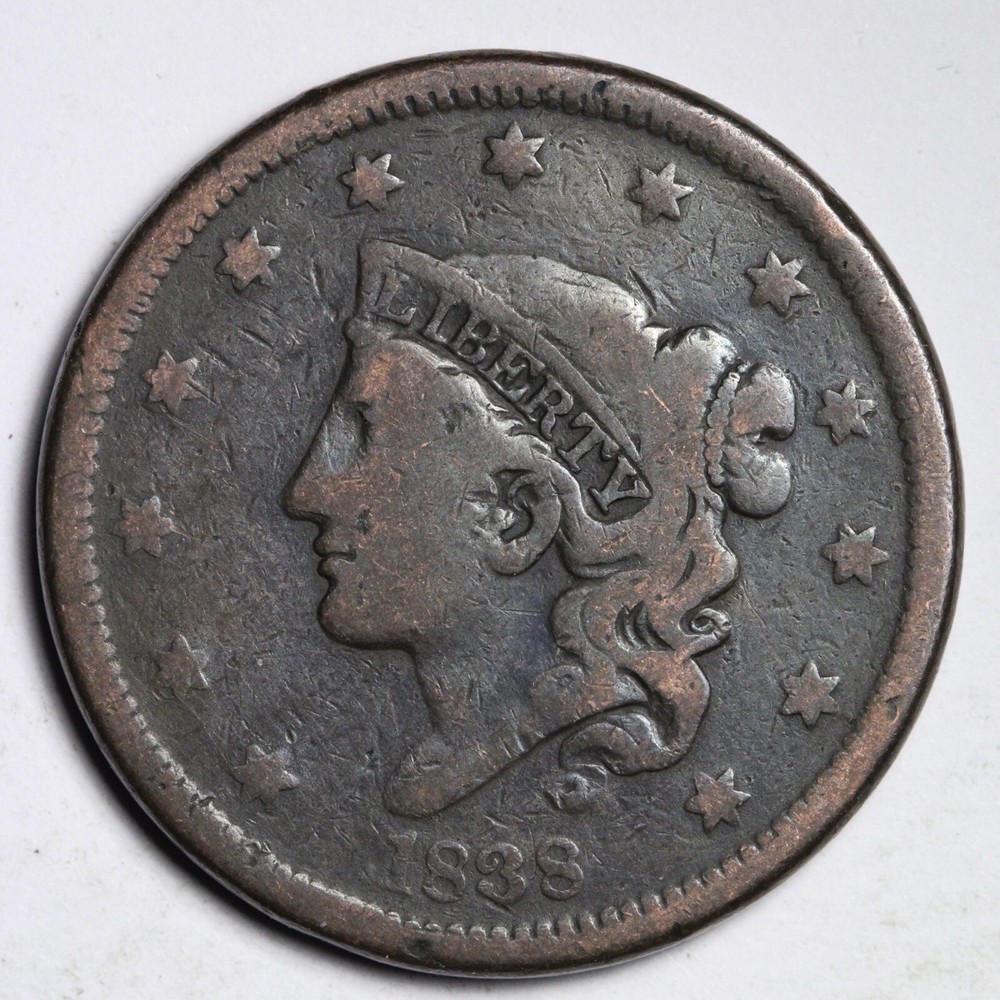 1838 Coronet Head Large Cent CHOICE FINE+ E205 GNL