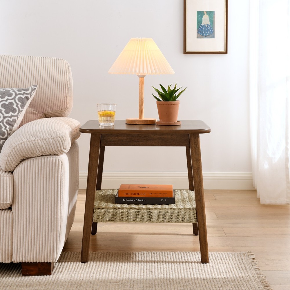 23" Side Table with Woven Shelf with Storage Bedside Tables Small Side Table