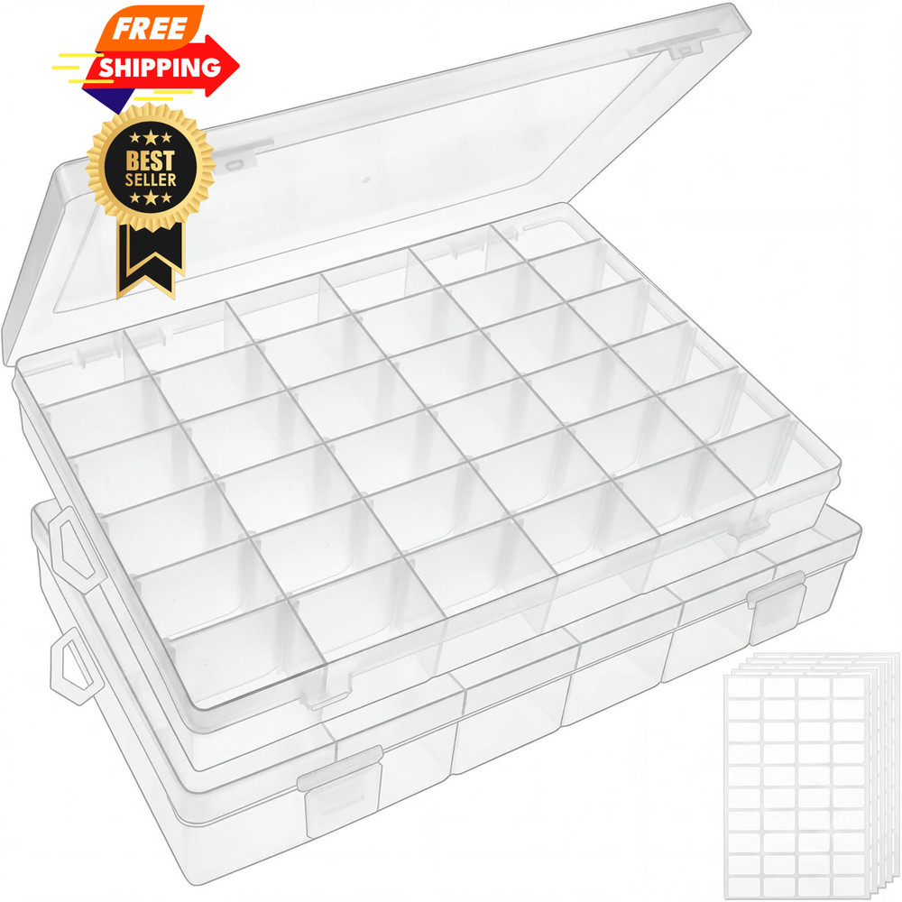 OUTUXED 2 Pack 36 Grids Clear Plastic Bead Organizer Box, 2PCS, 2