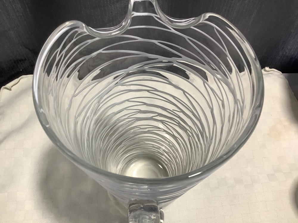Clear Glass 10” Pitcher Raised White Drizzle Glaze Applied Handle