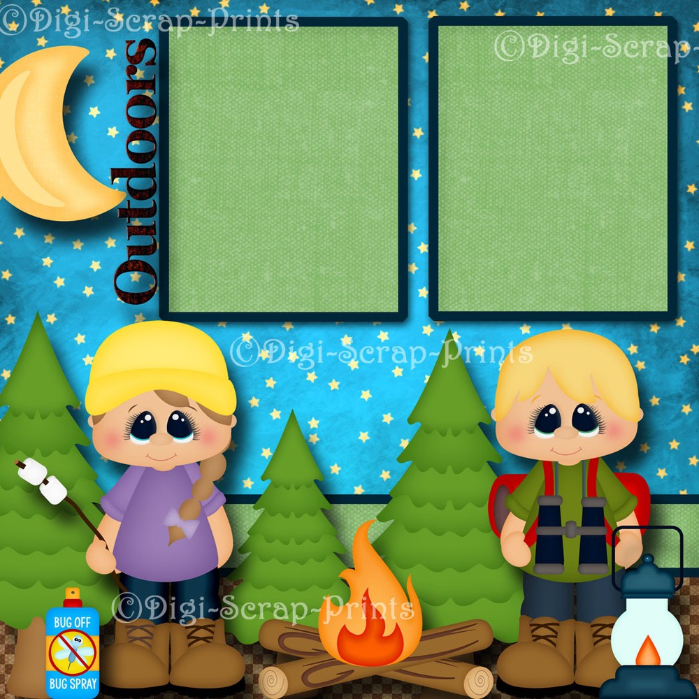 OUTDOORS CAMPING 2 premade scrapbook pages paper piecing layout DIGISCRAP #A0128