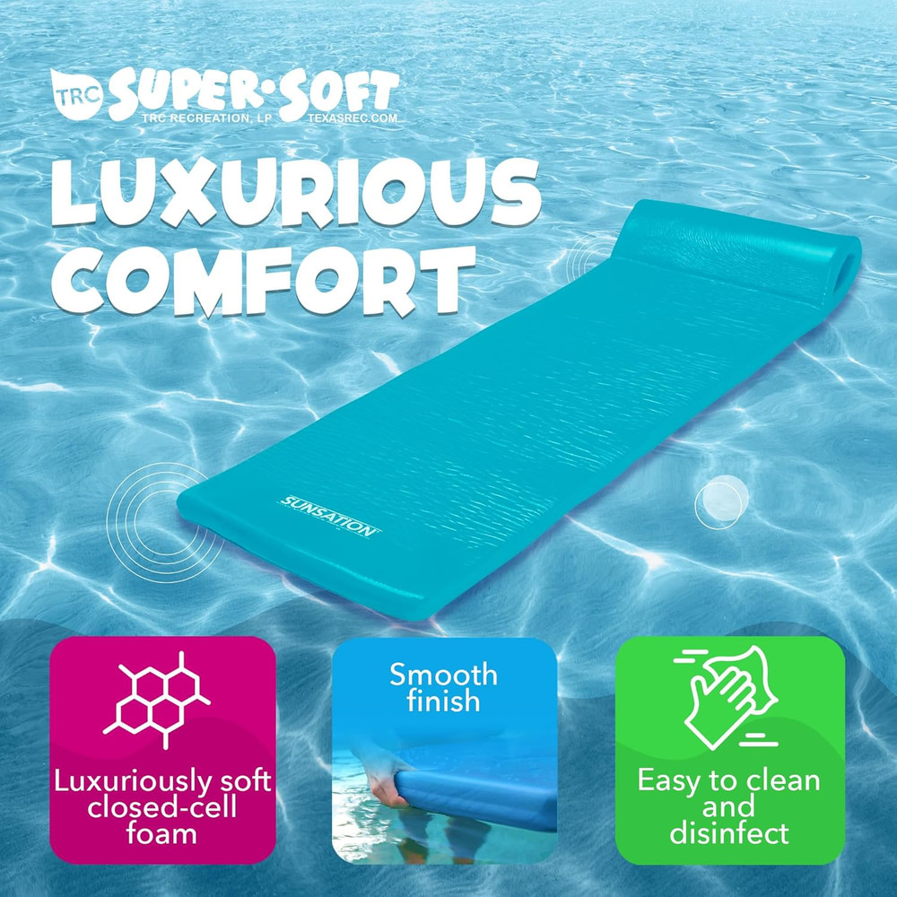 Sunsation 1.75" Thick Foam Pool Float Mat with Roll Pillow, 2 Pack, Teal