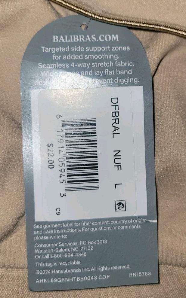 NWT Bali One Smooth U Support Bralette Sz LARGE