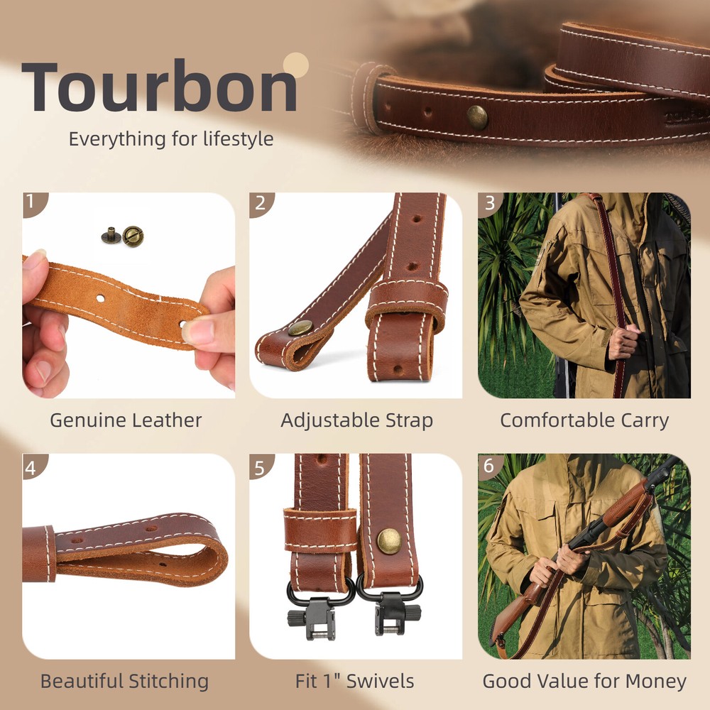 2 Point Leather Gun Sling - Adjustable Strap, Quick Release Swivels for Rifle